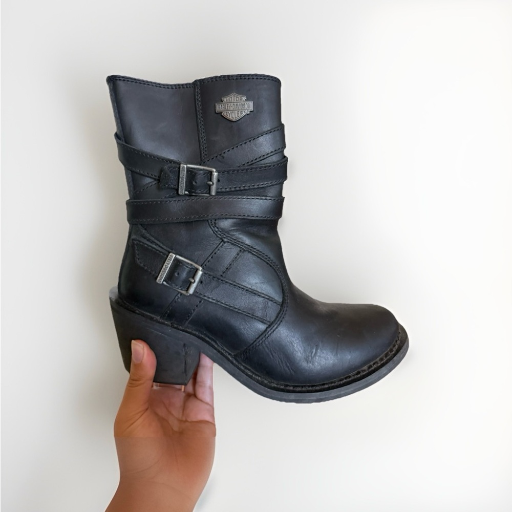 Harley-Davidson Black Leather Mid-Calf Combat Moto Boots